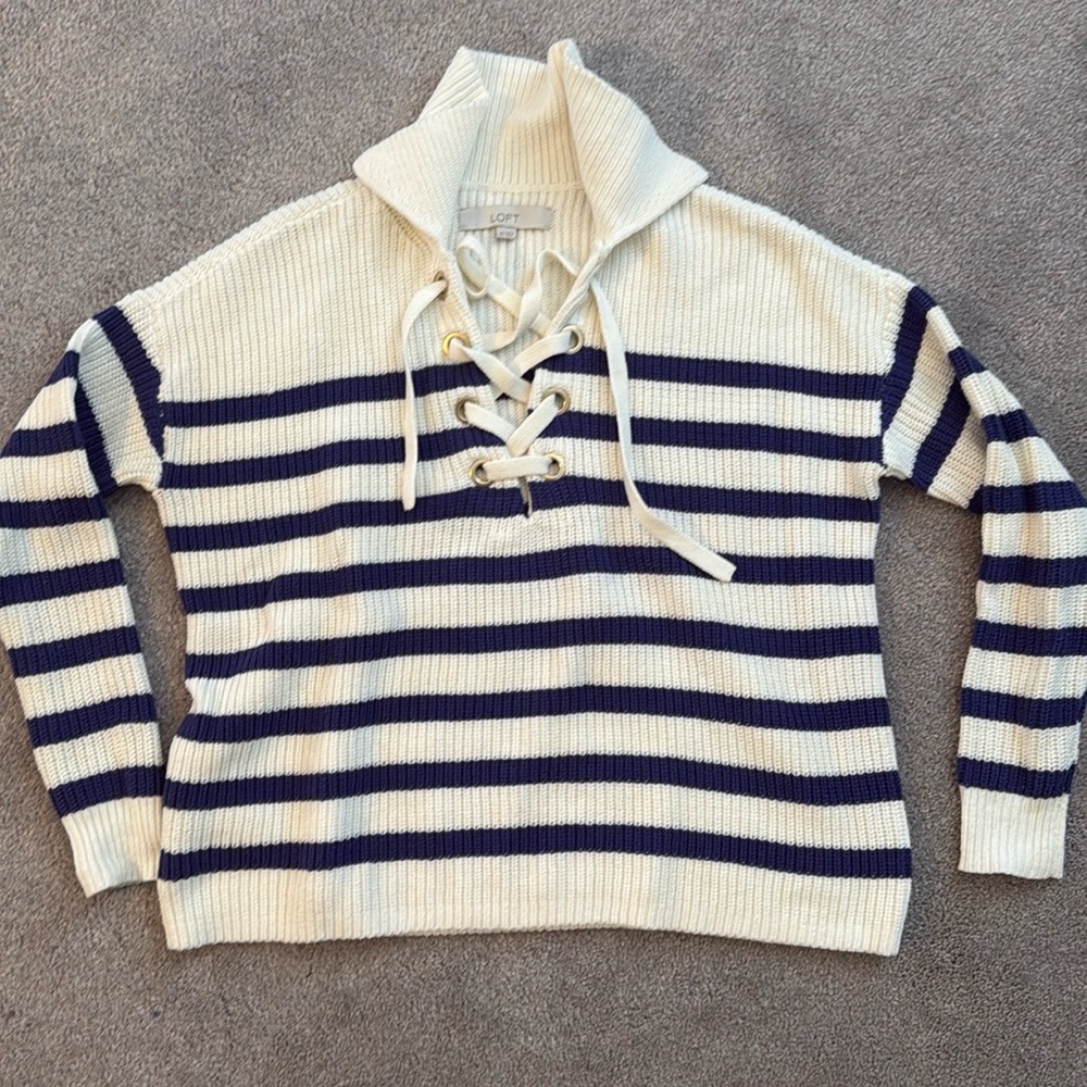 Loft sweater XS, cream w blue/purple stripe